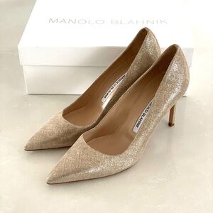 Manolo Blahnik Iconic BB Pumps Light Gold Tweed 3.5’’ Heels Size 39